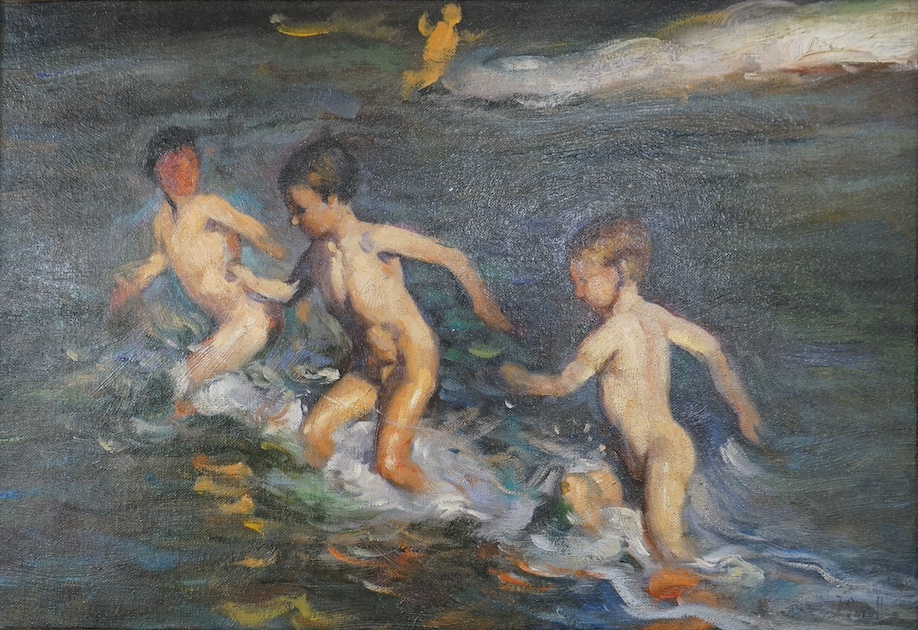 A decorative Impressionist oil on board, Beach scene with boys, 30 x 44cm. Condition - good